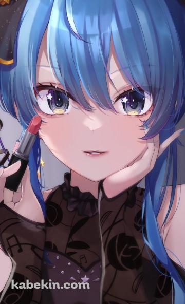 口紅を持ち頬杖をつく星街すいせい / ホロライブ / バーチャルYouTuber / VtuberのAndroidの壁紙(360px x 592px) スマホ用