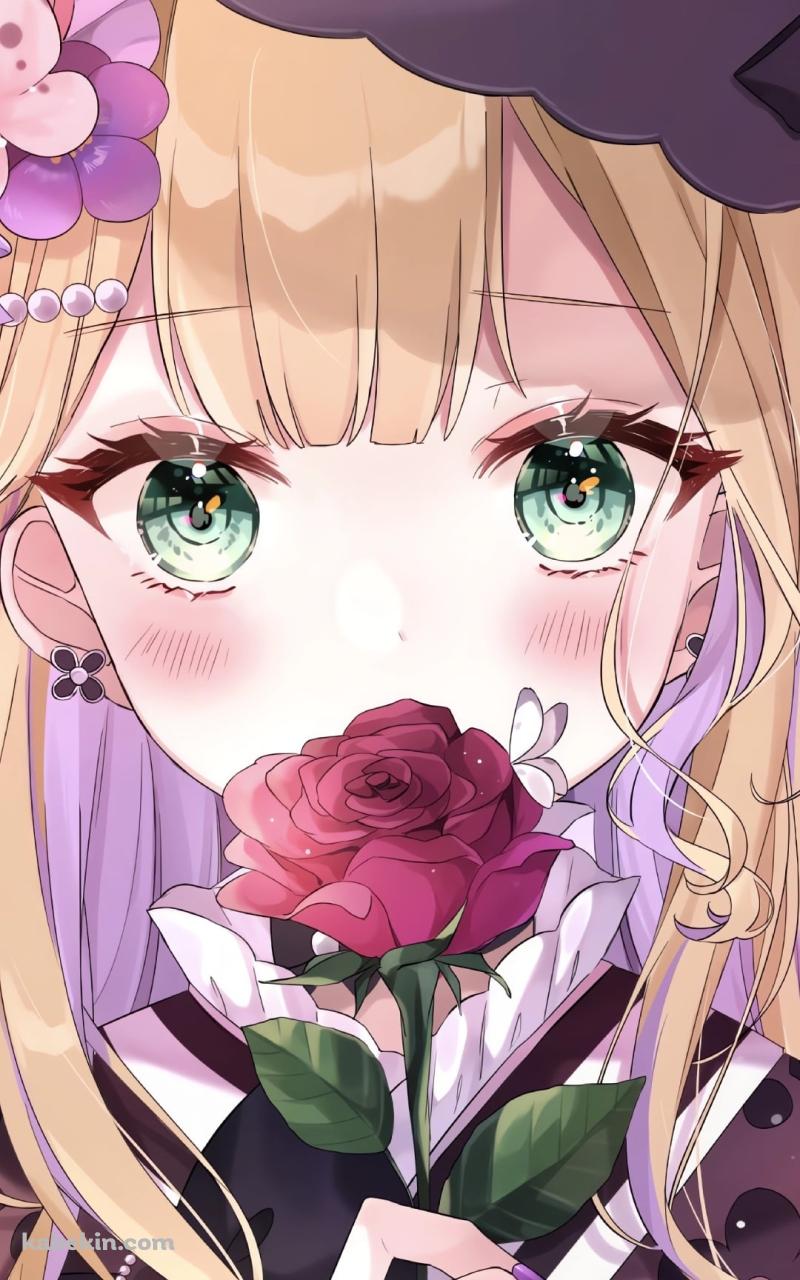赤い薔薇を持ち頬を赤らめる胡桃のあ / ぶいすぽっ! / バーチャルYouTuber / VtuberのAndroidの壁紙(800px x 1280px) スマホ用