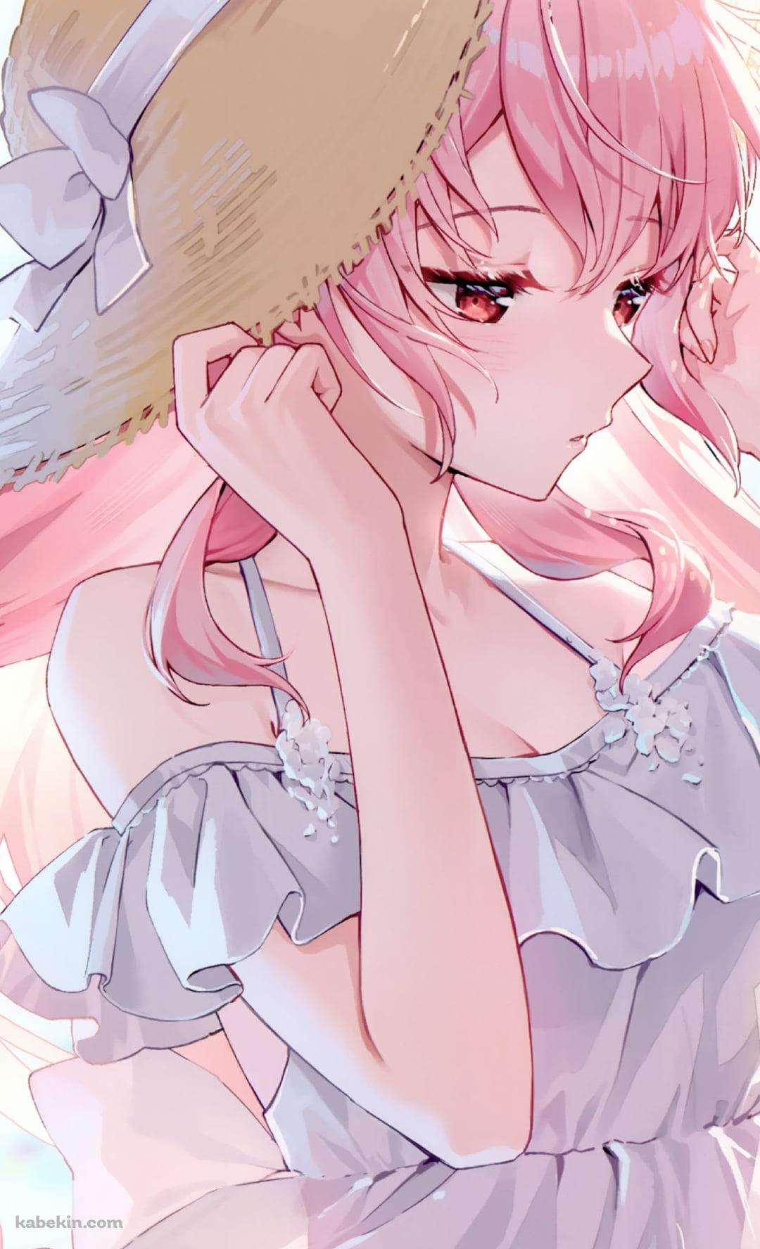 麦わら帽子を抑えるピンク / pink / バーチャルYouTuberのAndroidの壁紙(1080px x 1776px) スマホ用
