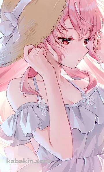 麦わら帽子を抑えるピンク / pink / バーチャルYouTuberのAndroidの壁紙(360px x 592px) スマホ用