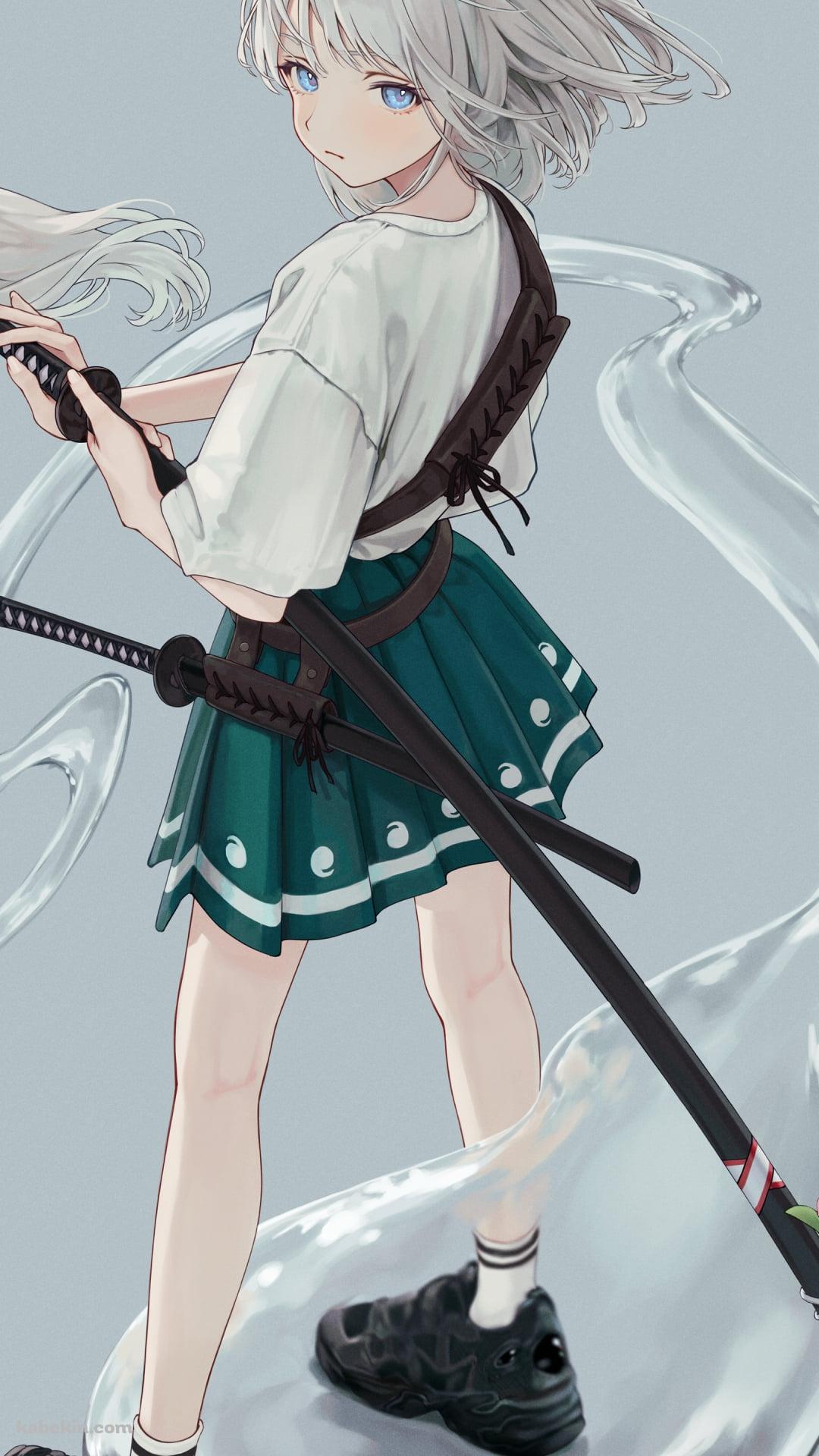 刀に手をかけ振り返る魂魄妖夢 / 半霊 / 東方のAndroidの壁紙(1080px x 1920px) スマホ用