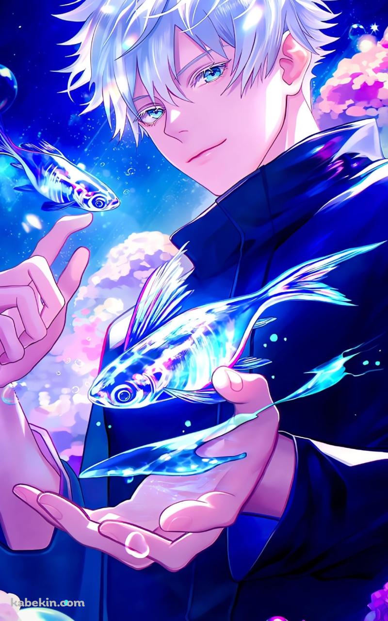 青く光る魚と紫陽花と五条悟 / 呪術廻戦のAndroidの壁紙(800px x 1280px) スマホ用