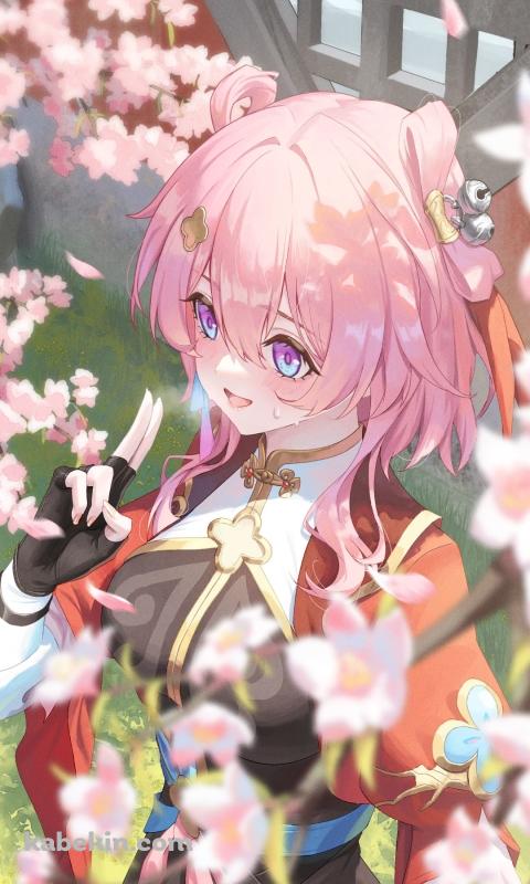 桜の花と三月七 / 崩壊:スターレイルのAndroidの壁紙(480px x 800px) スマホ用