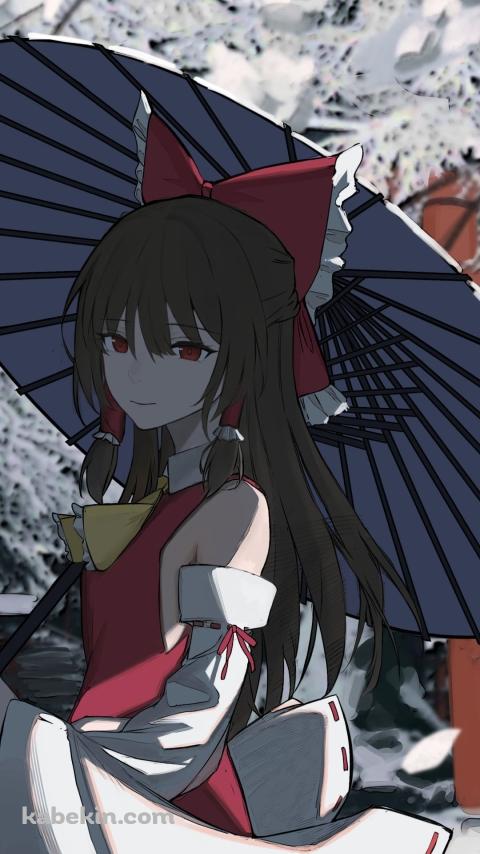 和傘をさす博麗霊夢 / 鳥居 / 東方のAndroidの壁紙(480px x 854px) スマホ用