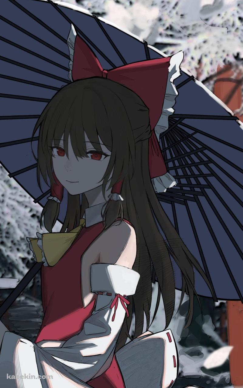 和傘をさす博麗霊夢 / 鳥居 / 東方のAndroidの壁紙(800px x 1280px) スマホ用