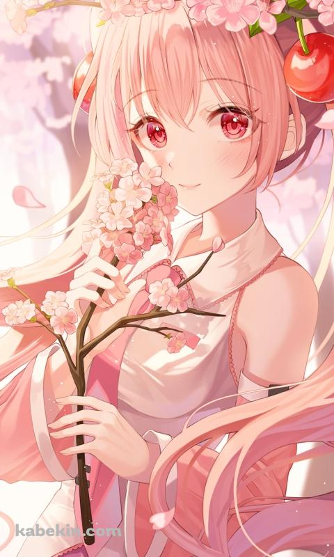 桜の花を持つ桜ミク / ボーカロイドのAndroidの壁紙(480px x 800px) スマホ用