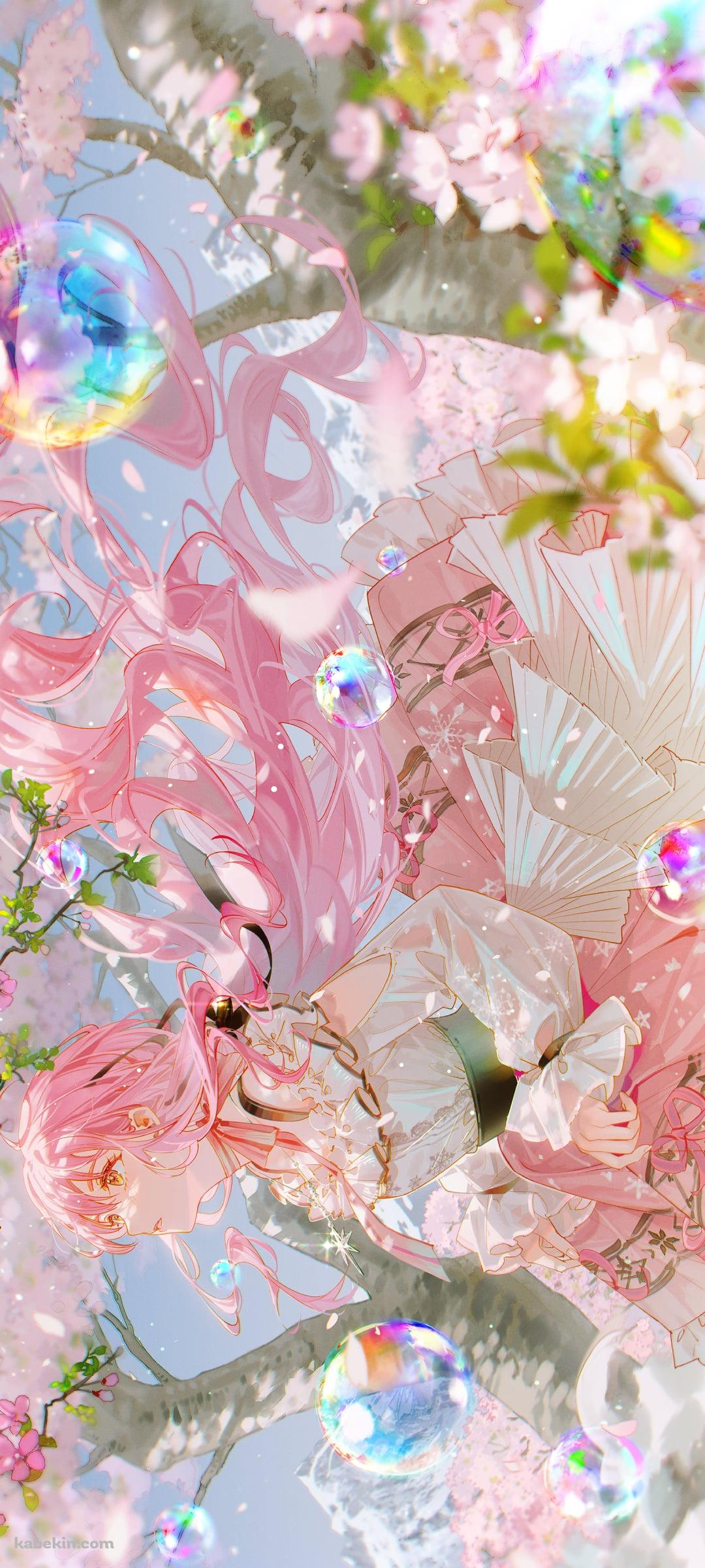桜の花と綺麗なシャボン玉とニキ / nikki / インフィニティニキのAndroidの壁紙(1080px x 2400px) スマホ用