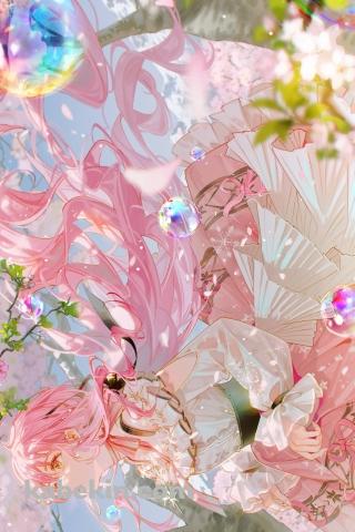 桜の花と綺麗なシャボン玉とニキ / nikki / インフィニティニキのAndroidの壁紙(320px x 480px) スマホ用