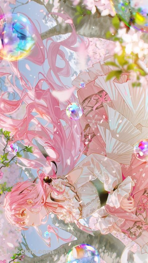 桜の花と綺麗なシャボン玉とニキ / nikki / インフィニティニキのAndroidの壁紙(480px x 854px) スマホ用