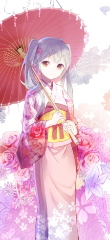 赤い和傘をさし花柄の着物を着た初音ミク / 薔薇 / ボカロ / ボーカロイドのiPhone / スマホ壁紙