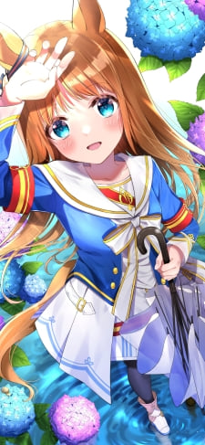 雨上がり、傘を閉じて空を見上げるグラスワンダー / 青・紫のアジサイ / ウマ娘プリティーダービーのiPhone / スマホ壁紙