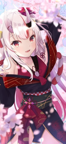 桜の花と微笑む百鬼あやめ / 鬼の角 / ホロライブ / バーチャルYouTuber / VtuberのiPhone / スマホ壁紙