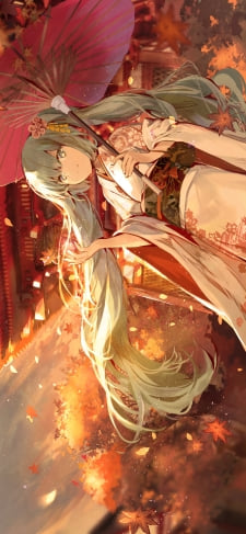 赤い和傘をさした着物を着た綺麗な初音ミク / 紅葉 / ボカロ / ボーカロイドのiPhone / スマホ壁紙