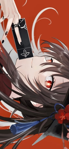 黒いお札を口元にあてて微笑む胡桃 / 原神のiPhone / スマホ壁紙