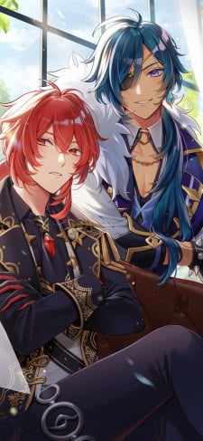 窓際で並んで座るディルック・ラグヴィンドとガイア・アルベリヒ / 原神 / イラスト / ファンアートのiPhone / スマホ壁紙