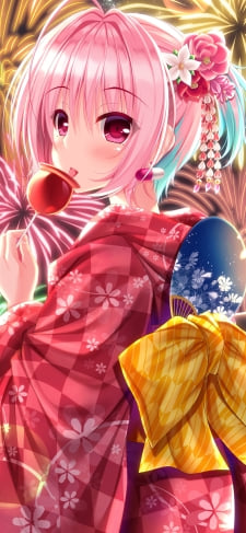 リンゴ飴を食べながらこちらを振り返る赤い着物を着た夢見りあむ / 花火 / 夏 / 青いうちわ / アイドルマスターシンデレラガールズのiPhone / スマホ壁紙