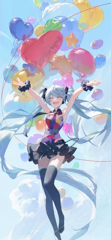 ハートと星型の風船と両手をあげて笑顔の初音ミク / ボカロ / ボーカロイドのiPhone / スマホ壁紙