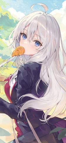 クロワッサンを咥えて振り返るイレイナ / 魔女の旅々のiPhone / スマホ壁紙