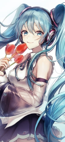 赤いチューリップを持ち微笑む可愛い初音ミク / ボカロ / ボーカロイドのiPhone / スマホ壁紙
