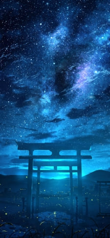 青く光る銀河と立ち並ぶ鳥居と黄色い蛍の光のiPhone / スマホ壁紙