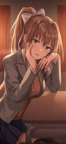 夕暮れの学校で机に肘をつきこちらを見るモニカ / ドキドキ文芸部! / monika / doki doki literature clubのiPhone / スマホ壁紙