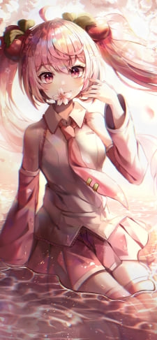 水に浸かる桜の花びらを咥えた可愛い桜ミク / ボカロ / ボーカロイドのiPhone / スマホ壁紙