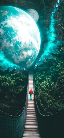 長い桟橋 渡る女性 青い惑星のiPhone / スマホ壁紙