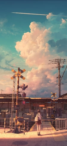 駅と踏切と女子高生と青空 JK 入道雲のiPhone / スマホ壁紙