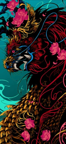 和風の龍 かっこいいドラゴン 赤い花のiPhone / スマホ壁紙