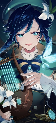 星空と白い花と竪琴を弾くウェンティ / 原神のiPhone / スマホ壁紙