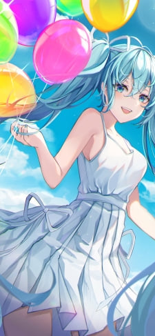 ピンク・紫・緑・黄色の鮮やかな風船を持つ白いドレスを着た笑顔の初音ミク / ボカロ / ボーカロイドのiPhone / スマホ壁紙
