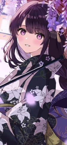 蘭の花と和傘をさして花柄模様の着物を着た可愛い雷電将軍 / 原神のiPhone / スマホ壁紙