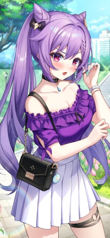 紫の洋服を着た可愛い刻晴 / お出かけ / 黒いバック / 原神のiPhone / スマホ壁紙