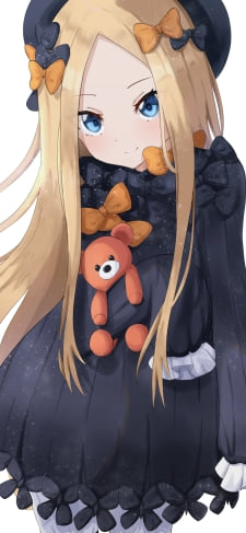オレンジの熊のぬいぐるみを持つ可愛いアビゲイル・ウィリアムズ / fate/grand orderのiPhone / スマホ壁紙