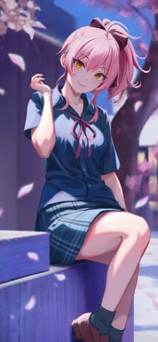 校門の前で待ち合わせをするかわいい聖園ミカ / 舞い散る桜 / ピンクの髪 / セーラー服 / ブルアカ / ブルーアーカイブ / ファンアート / イラストのiPhone / スマホ壁紙