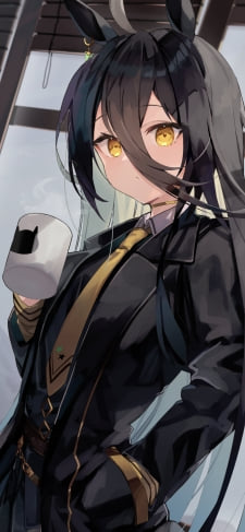 猫のイラストがプリントされたマグカップで珈琲を飲むマンハッタンカフェ / ウマ娘プリティーダービーのiPhone / スマホ壁紙