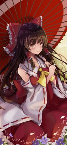 赤い和傘をさし紫の花畑に座る博麗霊夢 / 東方のiPhone / スマホ壁紙
