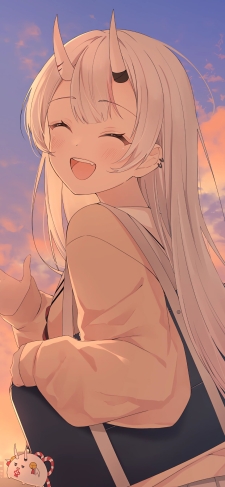 夕暮れ時 手を振る可愛い百鬼あやめ / ぽよ余 / バーチャルYouTuber / ホロライブのiPhone / スマホ壁紙