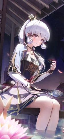 足を水につけてお酒を飲みながらながらこちらを見る神里綾華 / 盃 / 蓮 / 原神のiPhone / スマホ壁紙