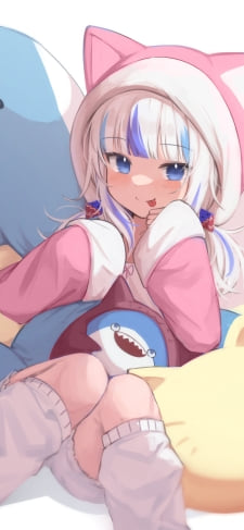 鮫のぬいぐるみに埋もれて舌を出すピンクの猫の着ぐるみを着た可愛いがうる・ぐら / ホロライブ / バーチャルYouTuber / VtuberのiPhone / スマホ壁紙