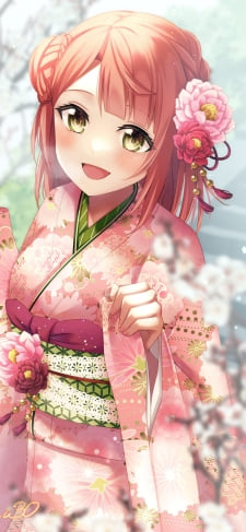 ピンクの着物を着る上原歩夢(うえはら あゆむ) / 虹ヶ咲学園スクールアイドル同好会 / ファンアート / イラストのiPhone / スマホ壁紙