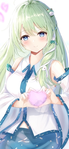 胸元でハートを作る可愛い東風谷早苗 / 東方のiPhone / スマホ壁紙