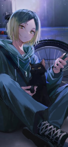 黒猫を抱えてスマホを見る孤爪研磨(こづめ けんま) / 自転車 / ハイキュー!!のiPhone / スマホ壁紙