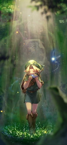 オカリナを吹く子供リンク / 光る妖精 / ゼルダの伝説のiPhone / スマホ壁紙