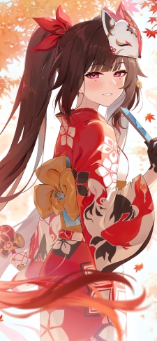 紅葉とスマホを持つ赤い着物を着た花火 / 崩壊:スターレイルのiPhone / スマホ壁紙