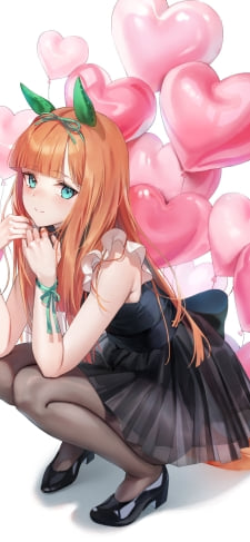 黒いドレスを着た可愛いサイレンススズカ / ピンクのハートの風船 / ウマ娘プリティーダービーのiPhone / スマホ壁紙