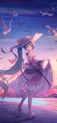 砂浜に立ち振り向く初音ミク / カモメの群れ / 綺麗 / ボカロ / ボーカロイドのiPhone / スマホ壁紙