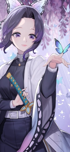 指にとまった青い蝶を見つめる胡蝶しのぶ / 蘭の花 / 鬼滅の刃のiPhone / スマホ壁紙