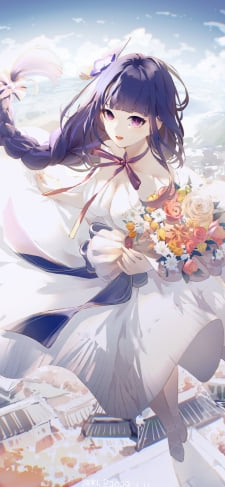 カラフルな色の花束を持った白いドレスを着た綺麗な雷電将軍 / 原神のiPhone / スマホ壁紙