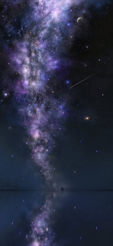 湖に映る紫の宇宙 / 星を眺めるカップルのiPhone / スマホ壁紙